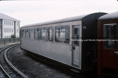 Coach 116, unpainted, at Porthmadog Harbour Station