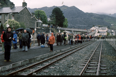 Crowd awaiting arrival of the first train from Porthmadog