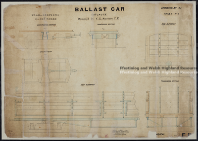 XD97/460041 - Ballast car 1'11½ gauge.
Designed by C.E. Spooner C.E.
Plan and section.
