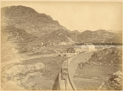 The Princess and down train on Tanygrisiau Embankment, upper view